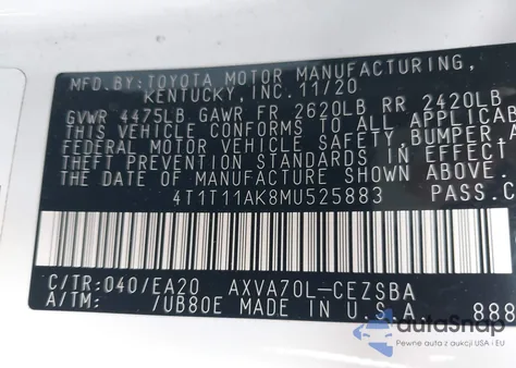 2021 Toyota Camry Se from USA, damaged, VIN 4T1T11AK8MU525883